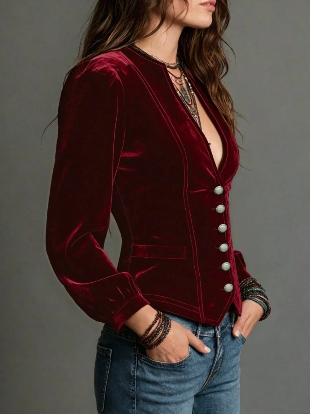 Burgundy Elegant Women's Plain Slim Fit Button Regular Sleeve V-Neck Blouse